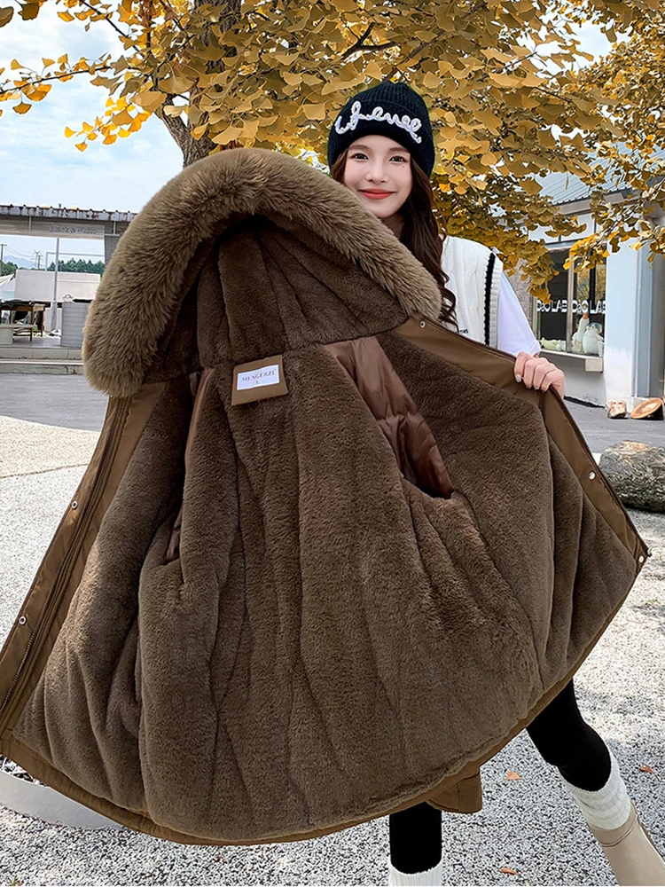 Women Parka Fashion Mid Long Coat Wool Liner Hooded Parkas 2024 New Winter Jacket With Fur Collar Warm Snow Wear Padded Clothes