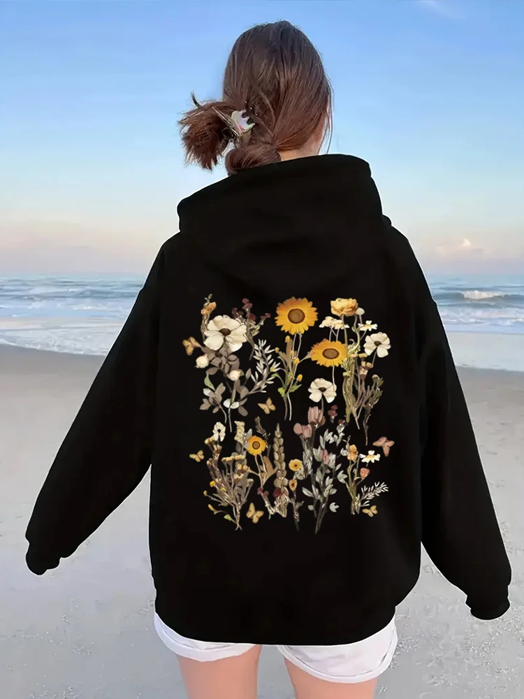 Cute Floral Print Women\'s Hoodie with Fashionable Design Loose and Casual Floral Women Clothing Autumn and Winter Fleece Hoodie