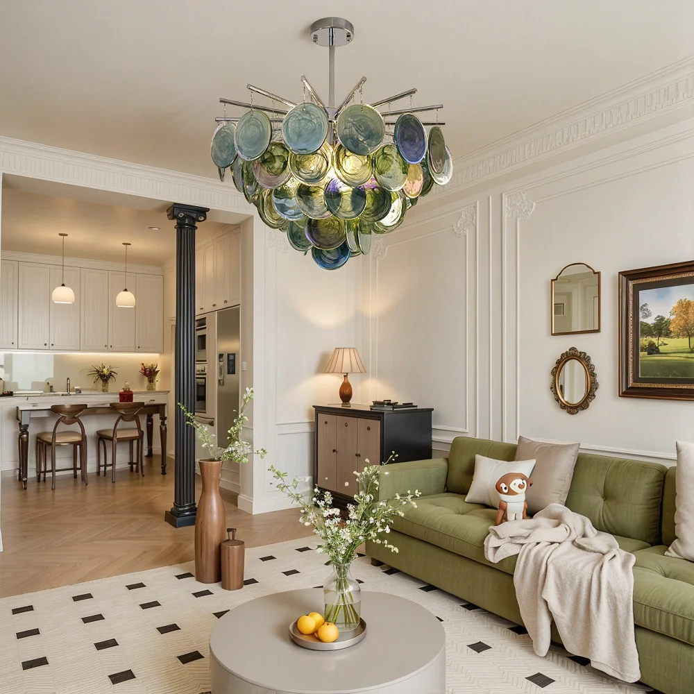 Murano Glass Chandelier Modern Round Ceiling Light Chrome Brass Finish Pendant Lamp for Living Room Dining Room Bedroom