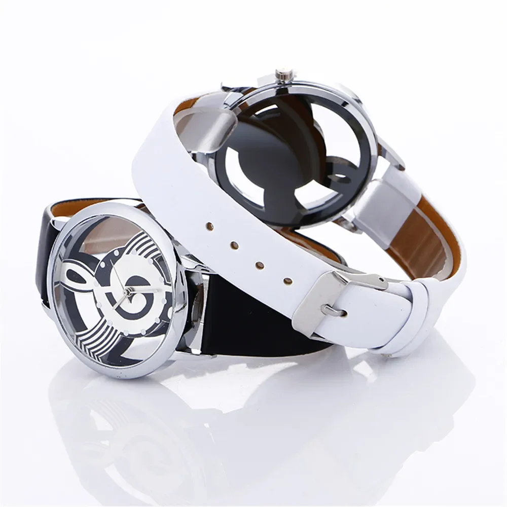 Reloj con forma de música hueca para mujer, esfera redonda, exquisito reloj de pulsera informal de cuero blanco y negro, envío directo