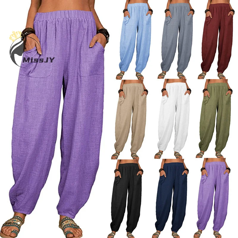 

Women's Loose Trousers Cotton And Linen Women's Casual Trousers Elastic Waist Harem Pants Home Beach Summer Trousers