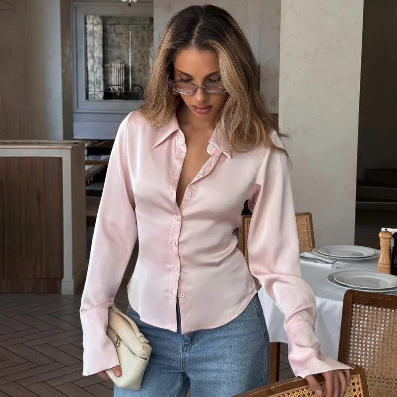 Tuularose Women Satin Shirt Casual Solid Lapel Elegant Blouse Top Luxury Spring Autumn Chic Streetwear Female Cropped Top Shirts
