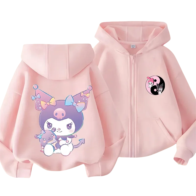 Sanrio Kuromi Kids Zipper Hoodie Cartoon Print Autumn/Winter Long-sleeved Sweatshirt Casual Top For Boy And Girl Outdoor Jackets