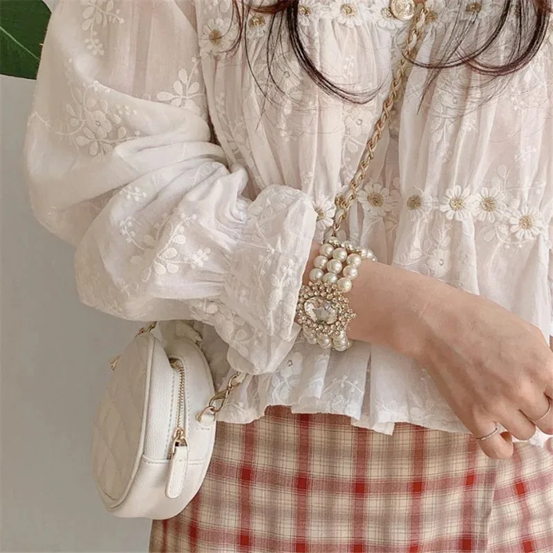 Korean Style Hollow Pleated White Blouse 2024 Sweet Lace Floral Shirt Casual V-neck Flare Long Sleeve Tops Blusas Mujer 13037