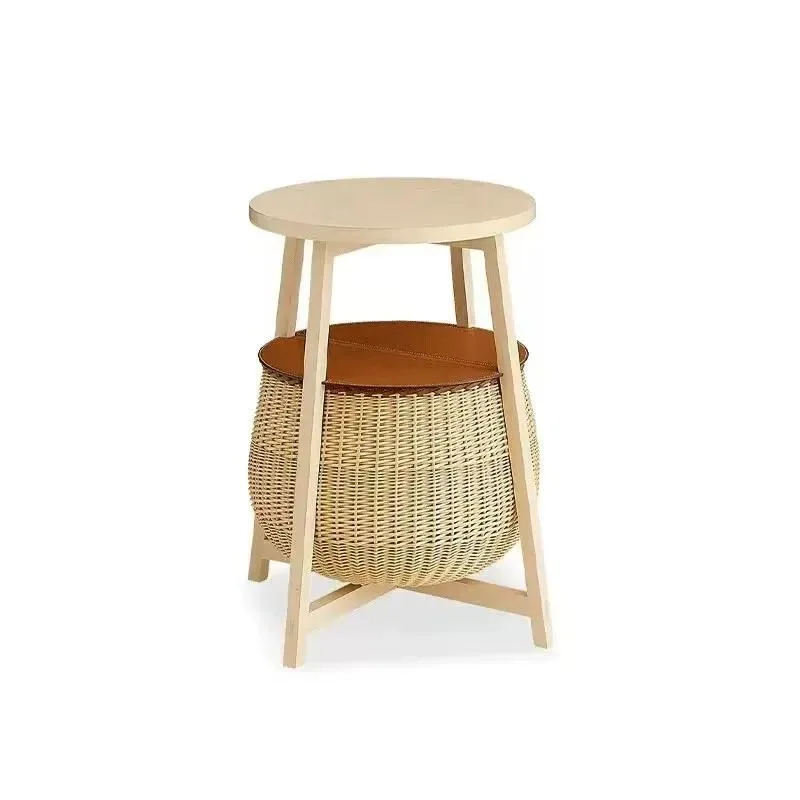 Luxury Lightweight Wooden Tripod Side Table with Rattan Storage Basket Domed Wicker Box Decorative Casual End Table for
