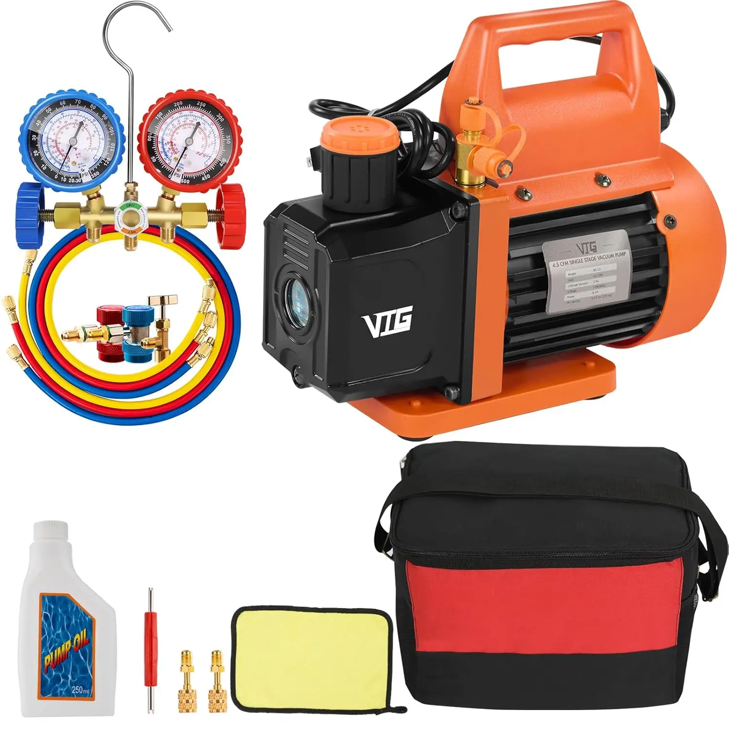 

4.5 CFM AC Vacuum Pump and Gauge Set,for Mini Split/HVAC/Auto Systems,Manifold Gauge Kit Compatible with R134a R12 R22 R502