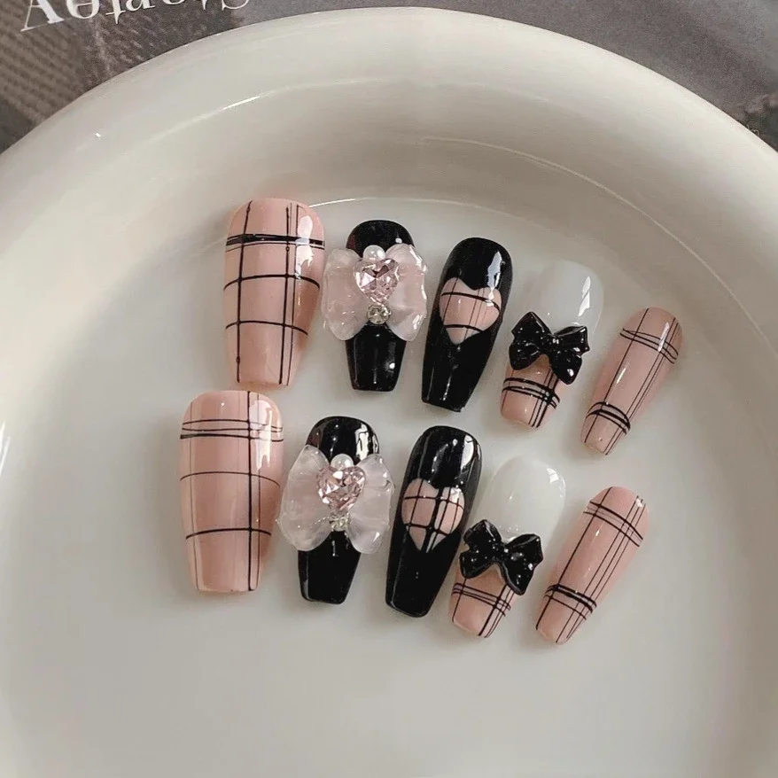 10 Pieces Korean Sexy Hottie Press On Nails Handmade Black Pink with Diamonds Love Plaid Fake Nail Patches Removable