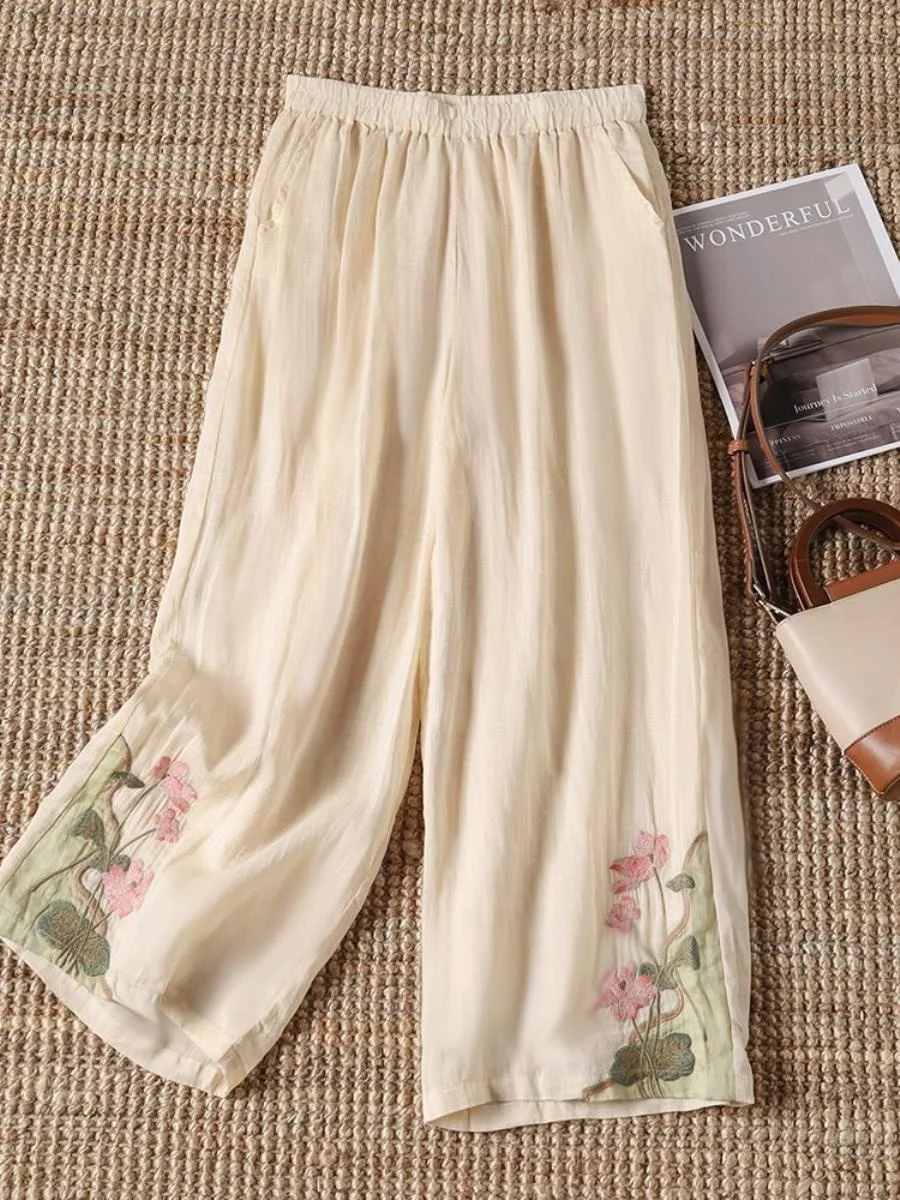 

Женские летние тонкие брюки с высокой талией и широкими штанинами из хлопка и льна, в стиле ретро, с вышивкой и пэчворком, дышащие, повседневные, длинные