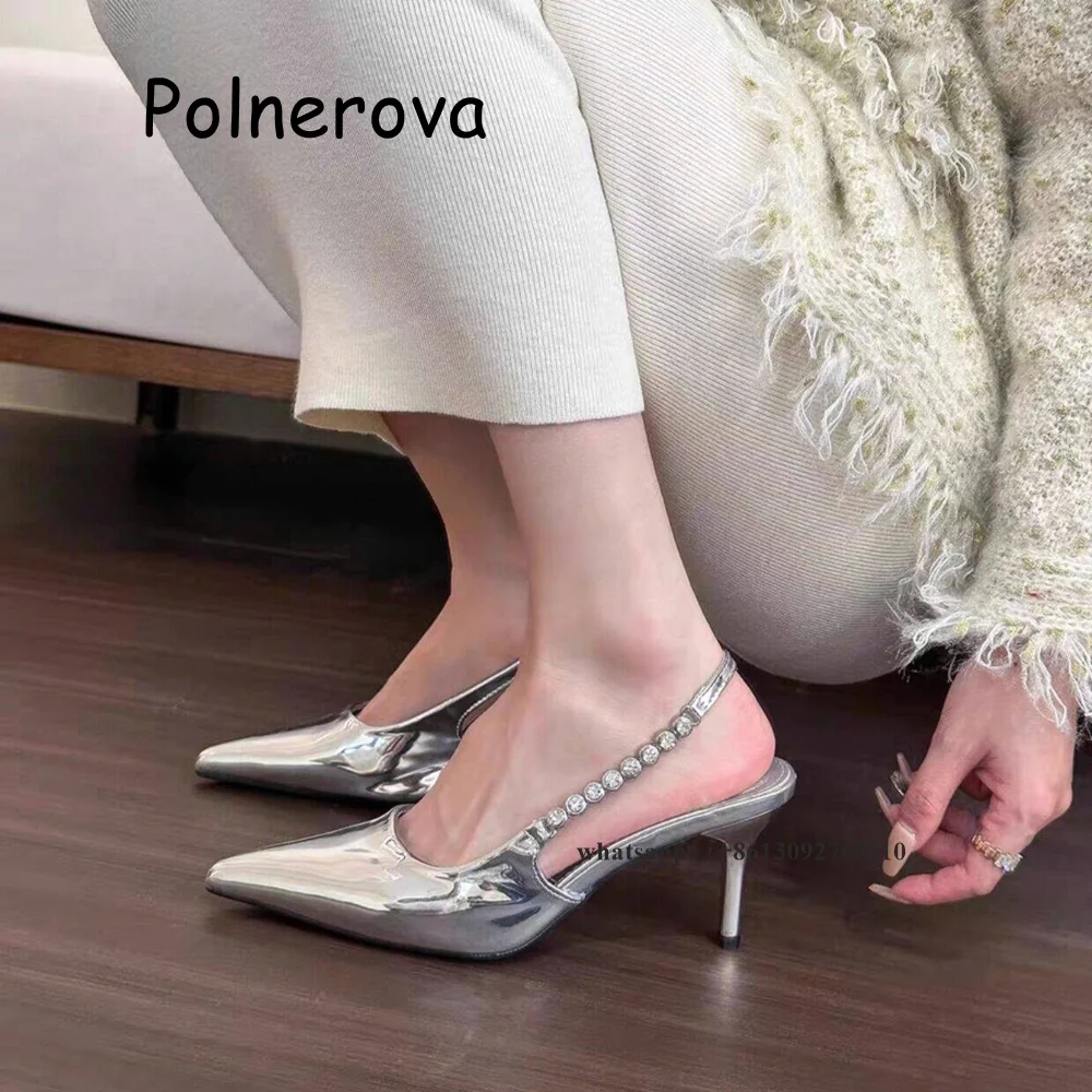 Silver Crystal Sandals Pointed Toe Thin High Heels Women's Shoes Summer Casual Party Back Strap Slip On Socialite Style Shoes