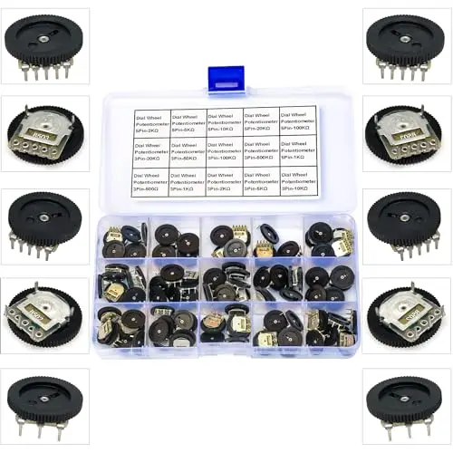 

Dial Wheel Potentiometer PCB Mount Assortment Kit, 3Pin 500/1K/2K/5K/10K/20K/50K/100K/500K, 5Pin 1K/2K/5K/10K/20K/100K Ohm