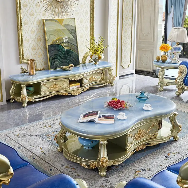 

New European marble TV cabinet coffee table combination small apartment living room full solid wood floor cabinet curved oval TV