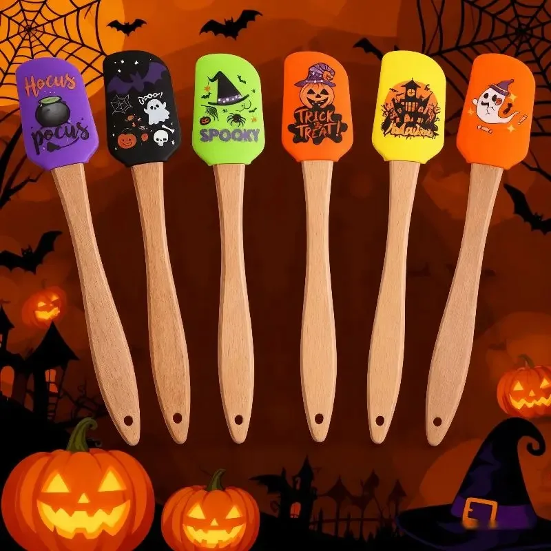 Spooky Halloween Silicone Spatula with Wooden Handle Non-Stick Heat Resistant Baking Tool for Cooking Mixing and Cream Scraping