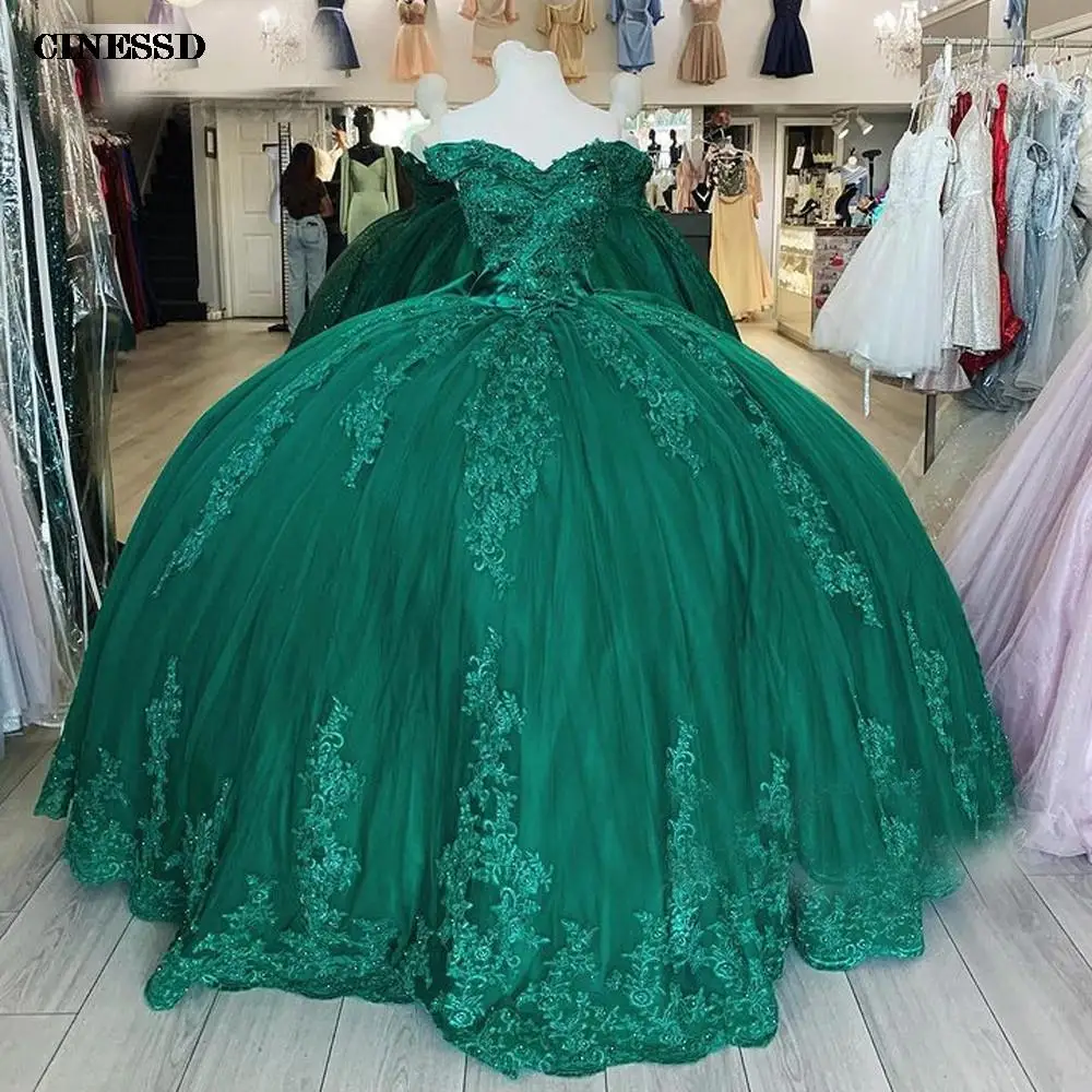 Emerald Green Ball Gown Quinceanera Dresses Appliques Beads Pearls Off the Shoulder Sweet 16 Dress Vestido De 15 Anos Lace-Up