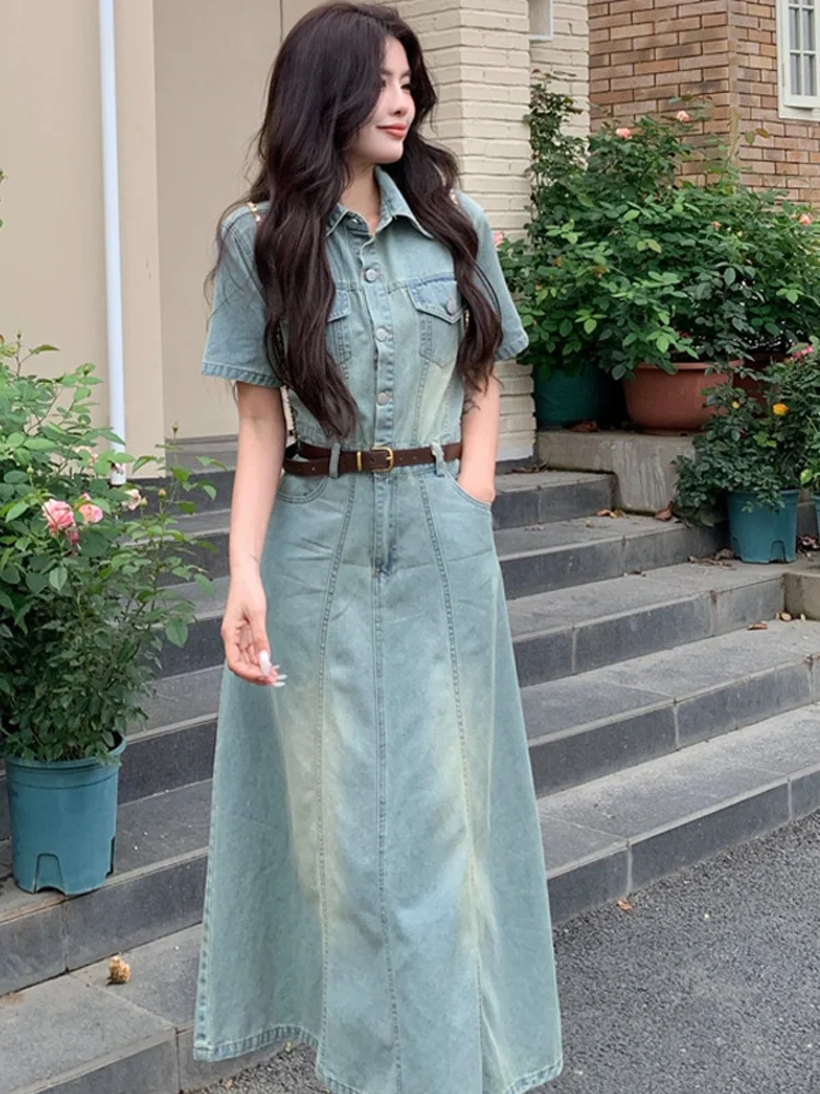 

plus Size Summer New Style Retro Slimming Short Sleeve Denim Skirt Dress for Plump Women High Waist A-Line Dress Casual Wear