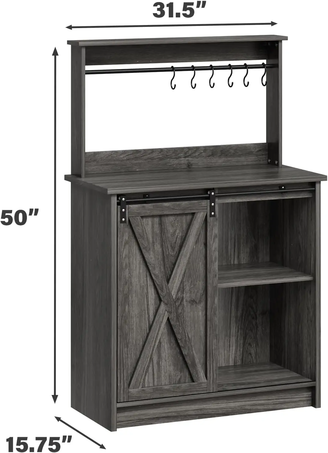 Farmhouse Coffee Bar Cabinet with Storage, Gray Coffee Bar with 6 Hooks, Coffee Bar Table with Sliding Barn Door, Wine Bar