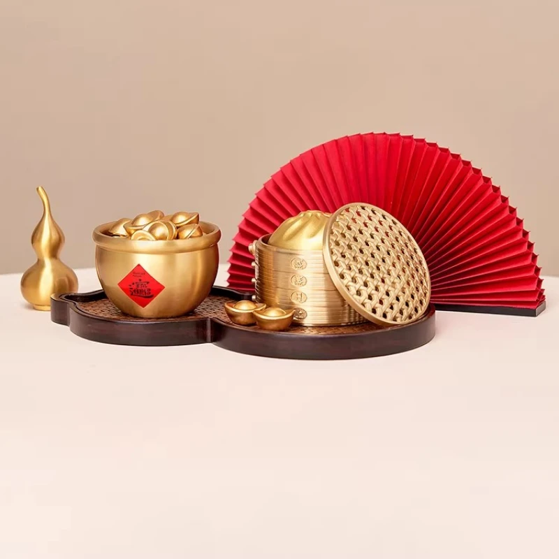 

Luxury Brass Treasure Bowl Gold Ingot Figurine Business Gift Feng Shui Wealth Attracting New Year Decor Office Desk Ornament