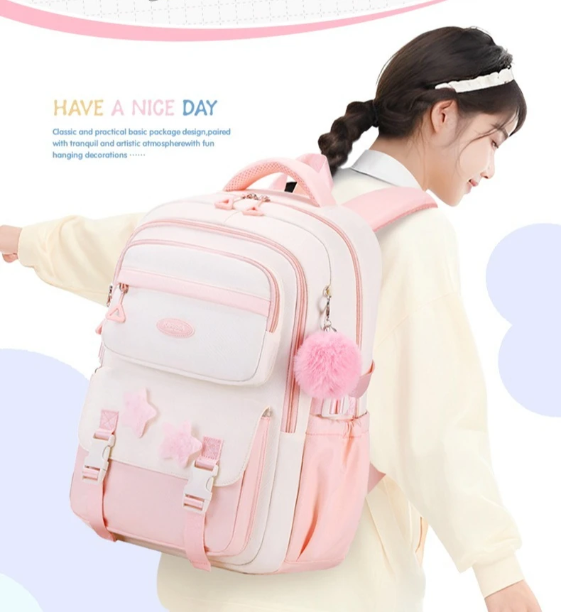Primary Middle School Backpack for Girls Cute Backpack for School Pink School Bag for Teen Girls with Star Pins Furry Pendant
