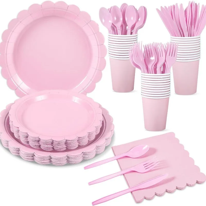 

175PCS Birthday Party Supplies Pink Disposable Dinnerware Paper Napkin Cup Plate Tablecloth For Wedding Decoration for 25 People