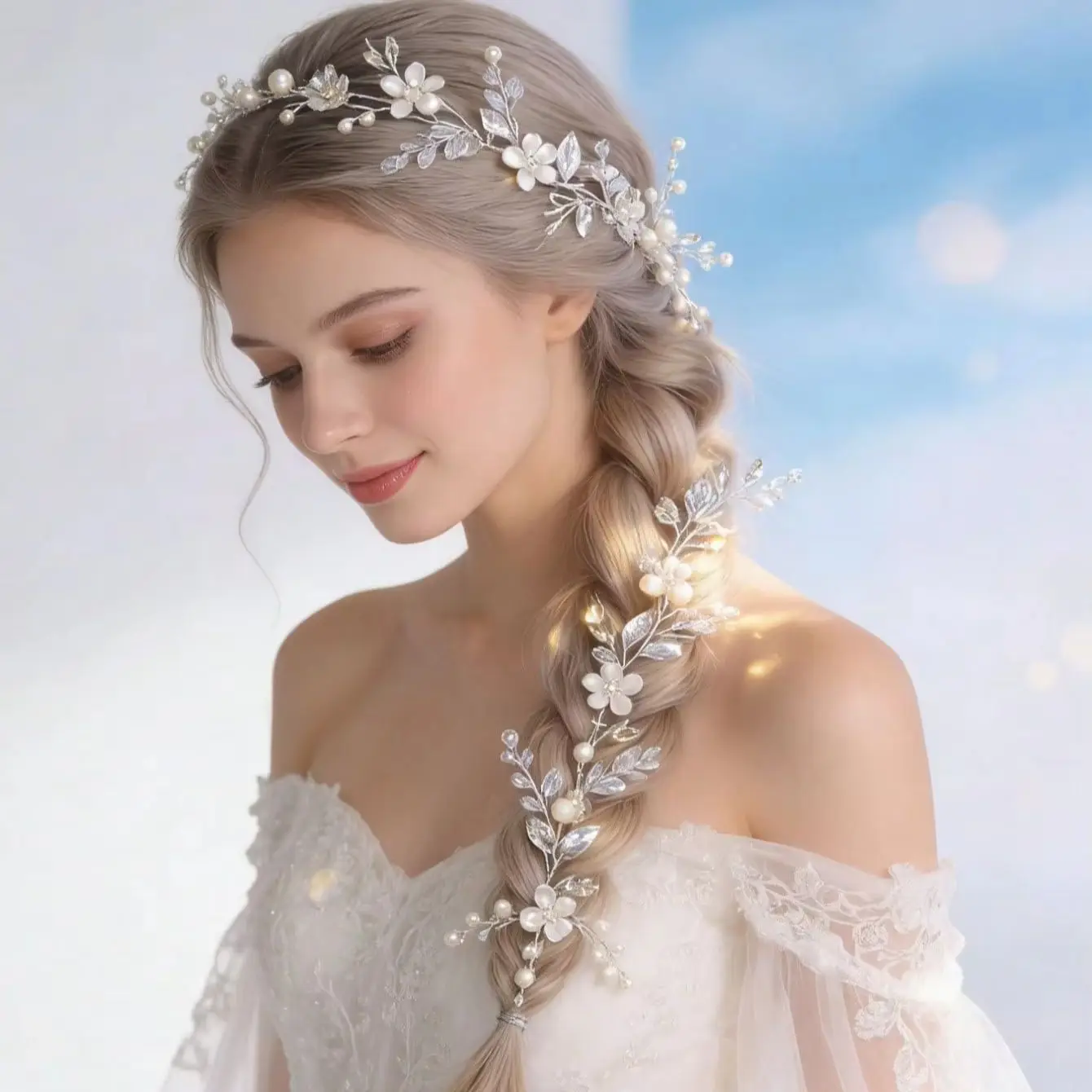 1 Piece of Bohemian Style Silver Leaf and Pearl Headband, Flower Braided Hair Accessory, Forest-Style Wedding Bridal Headpiece Set