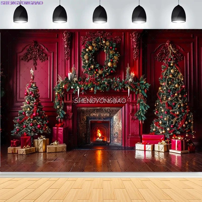 Festliche Weihnachten Zimmer Kamin Fotografie Kulissen Winter Neujahr Feiertage Party Weihnachtsbaum Fenster Foto Hintergrund BR-26