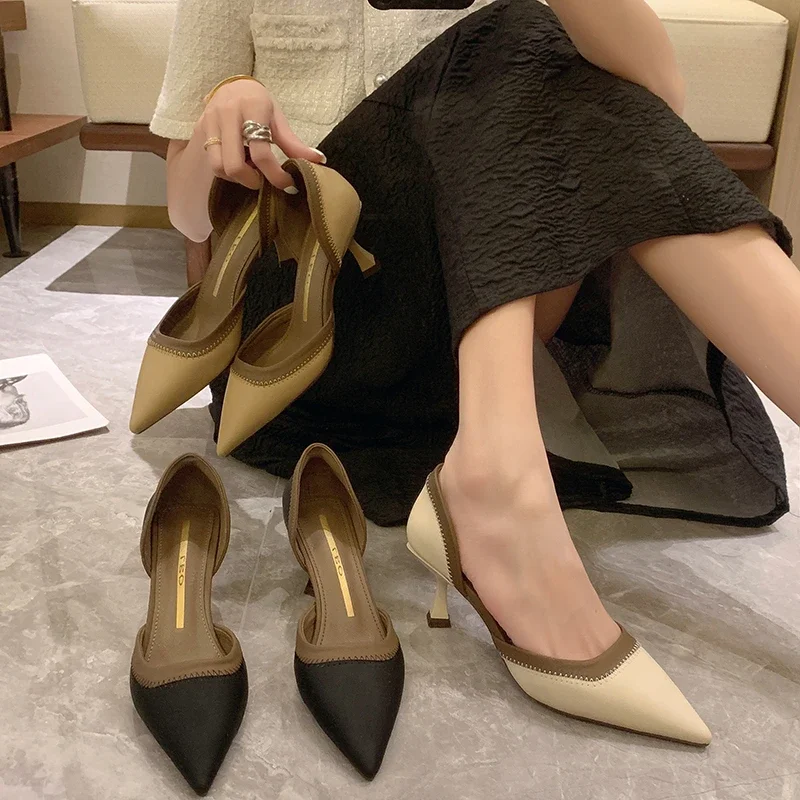 Soft Leather Hollow High Heels Spring/Summer New Sexy Pointed Thin Heels Color Matching Single Shoes Women\'s Work Shoes