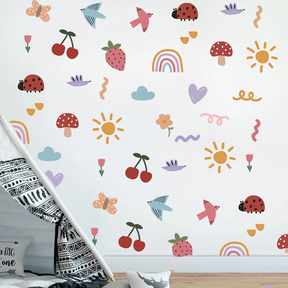 Fun Doodle Fabric Wall Stickers  Lightning Birds Sun Flower Nature Wall Decals Playroom Home Decor