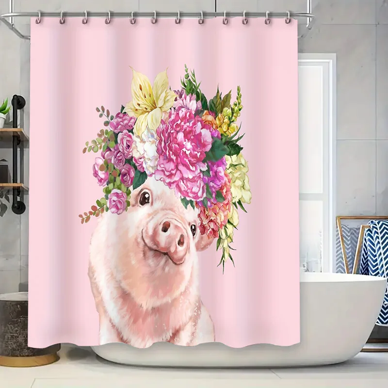 

Cute Pig Shower Curtain Farmhouse Bathroom Decor Floral Animal Pattern Waterproof Fabric Washable Liner