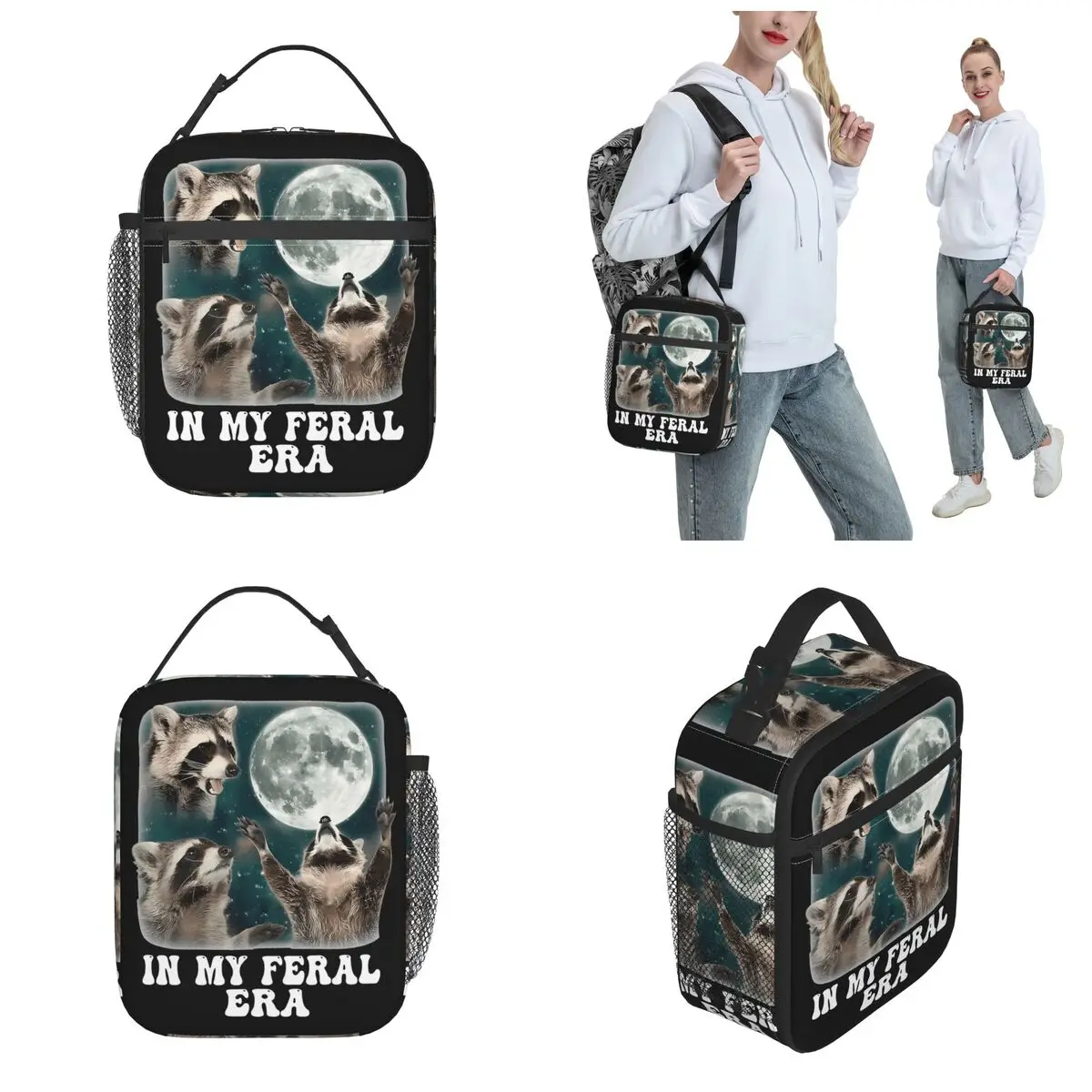 In My Feral Era Racoons Insulated Lunch Bag Racoon Howling At The Moon Meme Food Bag Portable Thermal Cooler Lunch Boxes