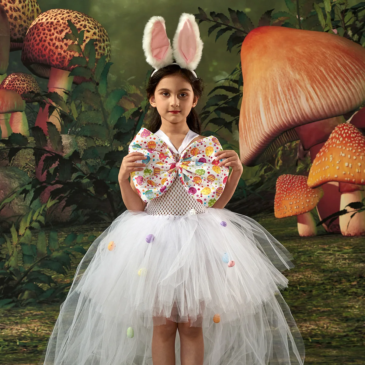 Easter Bunny Tutu Dress Rabbit Bow Easter Egg Print Fluffy Princess Dress Birthday Wedding Outdoor Daily Holiday Pleated Gown