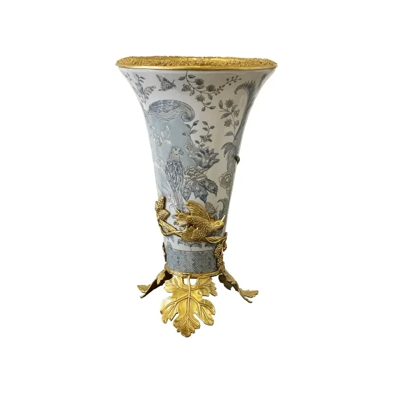 

Luxury decorative accessories, ceramic hand-painted flower and bird art vase, ceramic brass vase