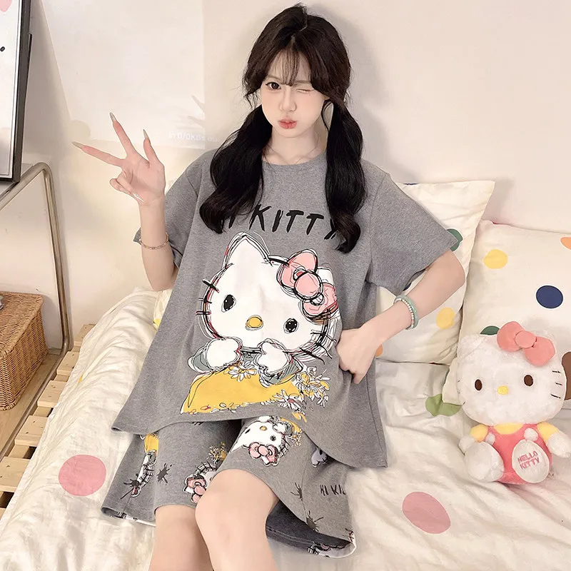 

Новый комплект пижам из чистого хлопка Sanrio для девочек: весенне-осенний домашний костюм с длинными рукавами и мультяшным принтом