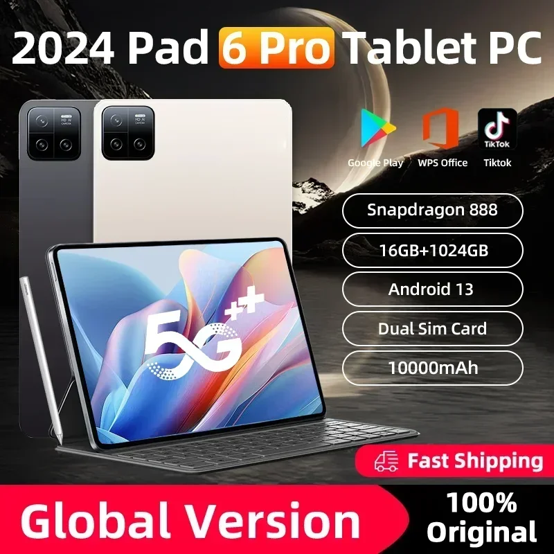 

2024 Original Pad 6 Pro Global Version Tablet PC Snapdragon 888 10000mAh Android 13.0 16GB 1024GB 5G HD 4K Screen WIFI Mi Tab