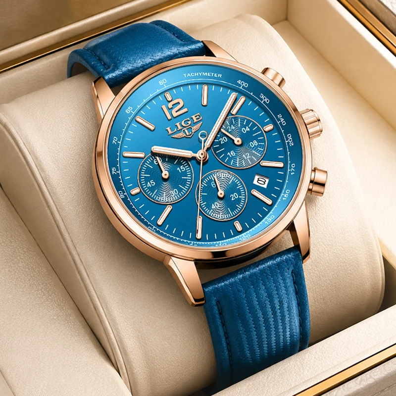 2026 Neue Herrenuhr LIGE Top-Marke Luxus Blaue Lederuhren für Männer Outdoor-Sport Wasserdichte Chronograph Quarz-Armbanduhr