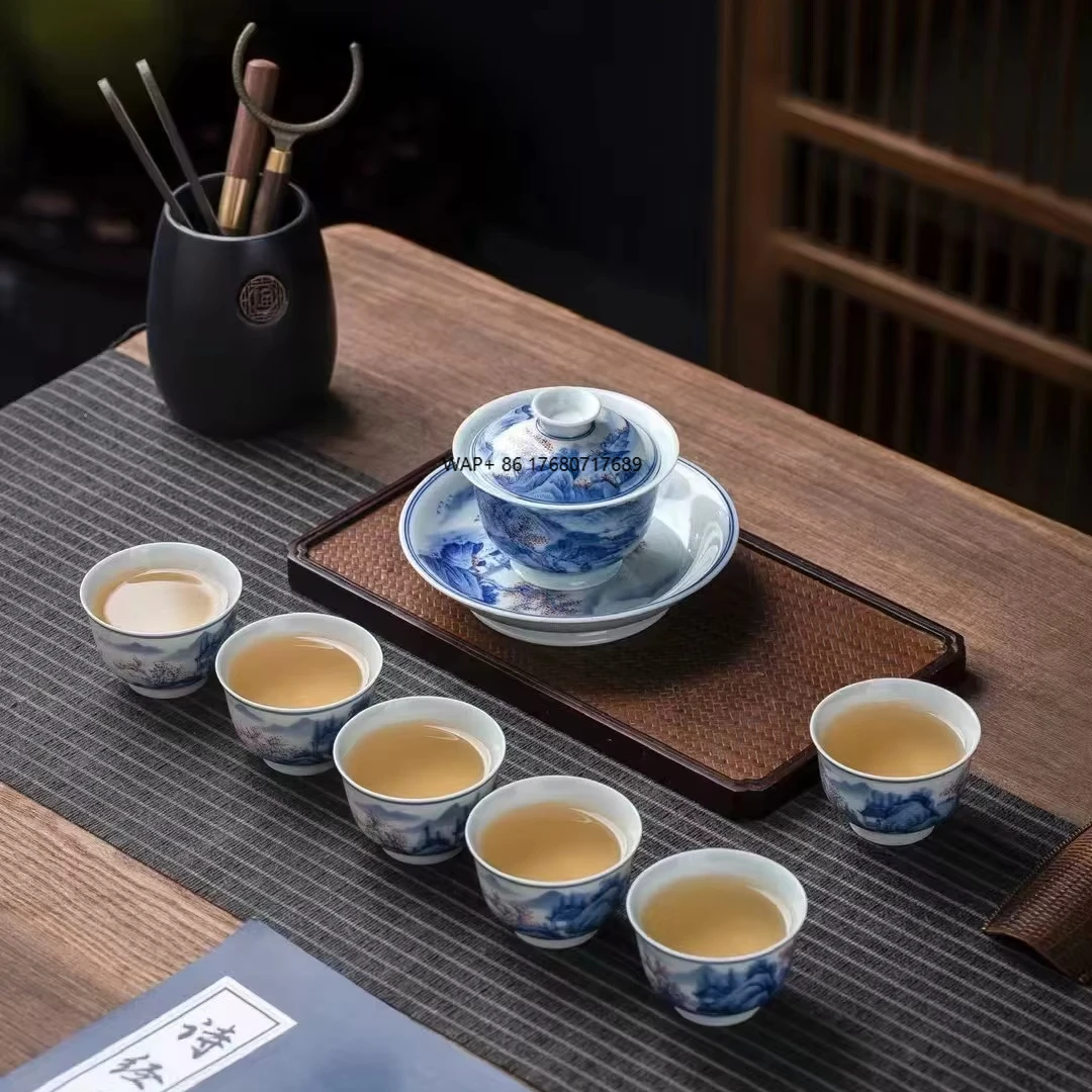 Premium Handcrafted Classic Ceramic Blue Landscape Seven Piece Porcelain Tea Set Underglaze Art for Home Hospitality and Gifting