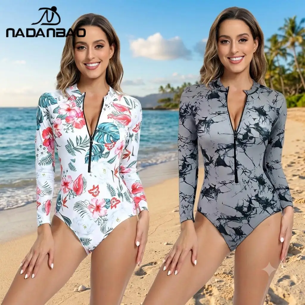 Nadanbao Tropical Floral Marble Print Swimwear Long Sleeve Zipper Bodysuit Women Elastic Slim One Piece Swimsuit Sports Surfing