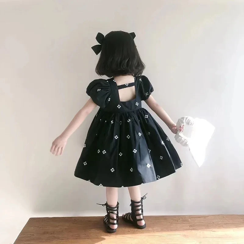 Vestido de verano de manga corta para niña, nuevo vestido de Princesa con lunares, edición coreana, manga de burbuja, espalda abierta