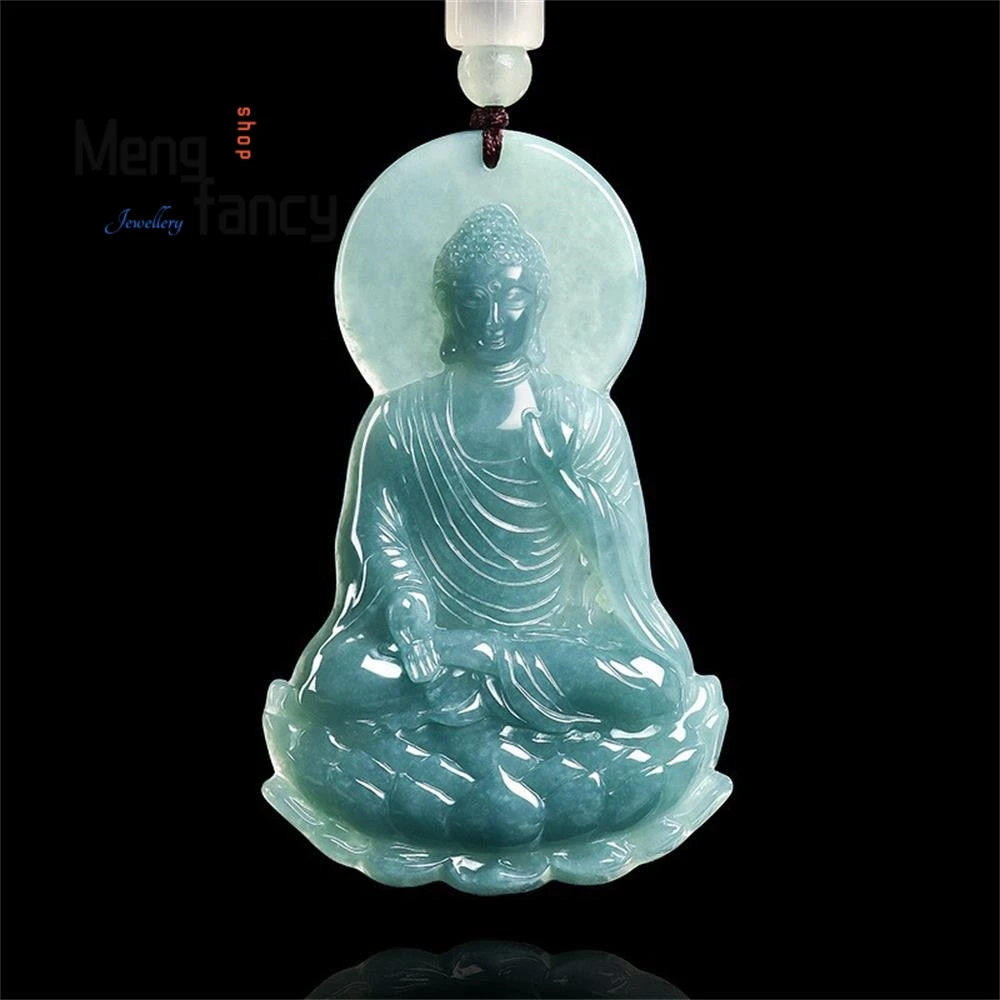 

Natural A-grade Jadeite Blue Water Tathagata Buddha Guardian Deity Jade Pendant National Style Fashion Fine Jewelry Holiday Gift