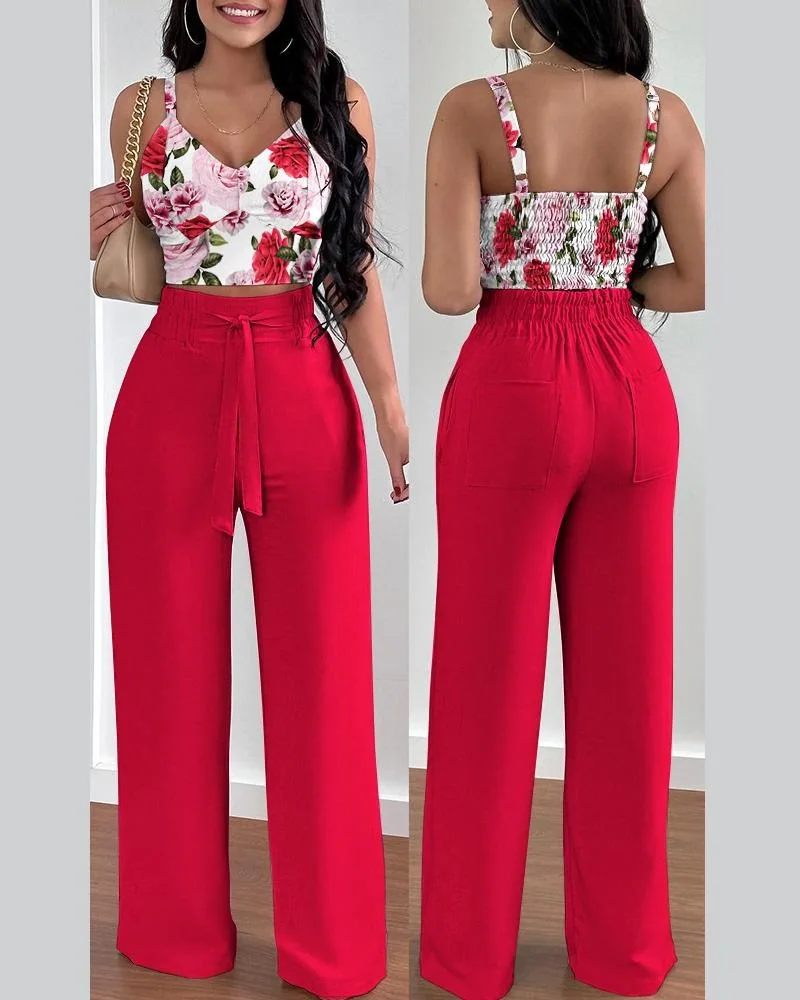 Conjunto de dos piezas con tirantes estampados para mujer, Top corto sin mangas con cuello en V y pantalones largos de pierna ancha informales, moda