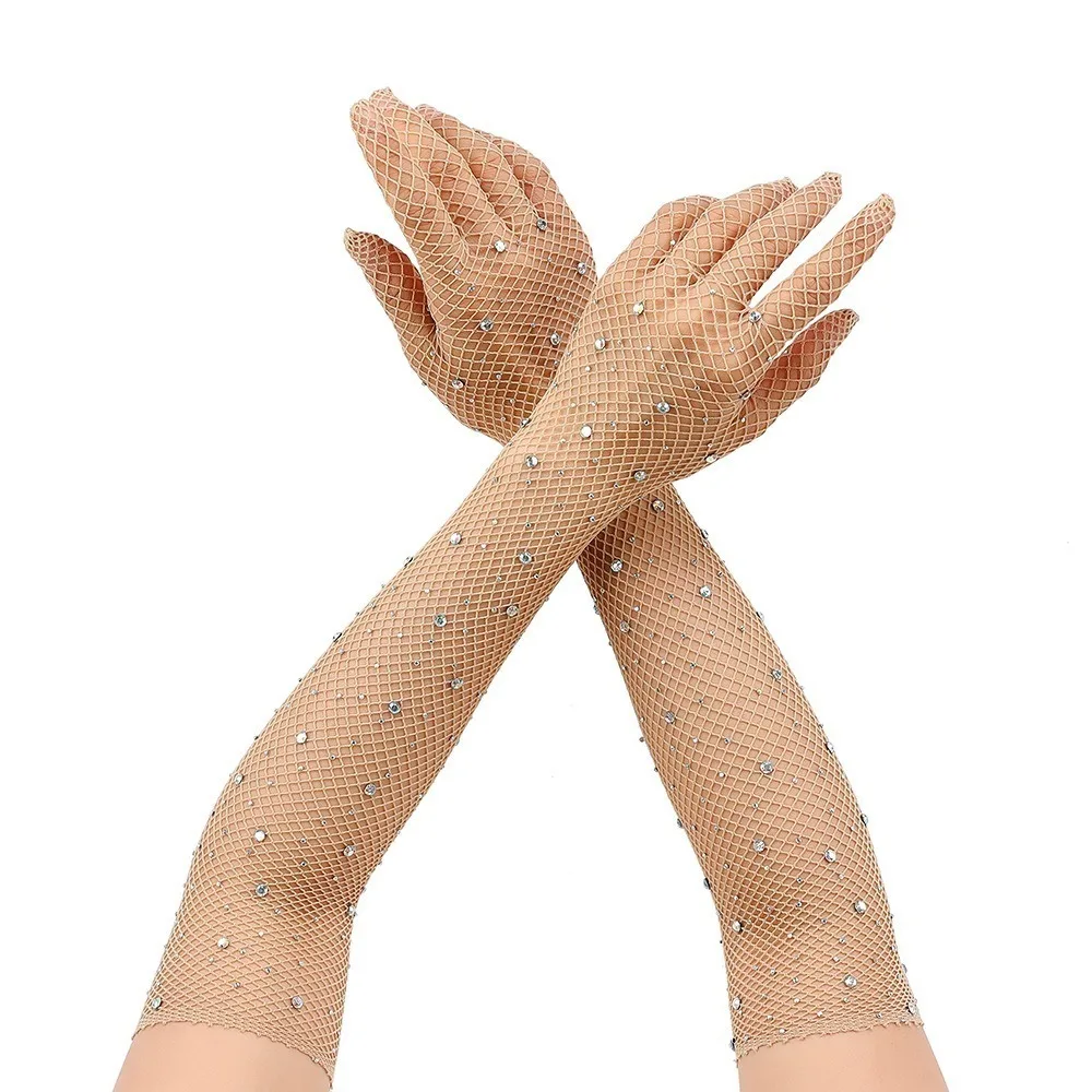 

New Mesh Long Mittens Glitter Rhinestone Cosplay Fishnet Gloves Punk Hip Hop Photography Prop Performance Gloves Gift