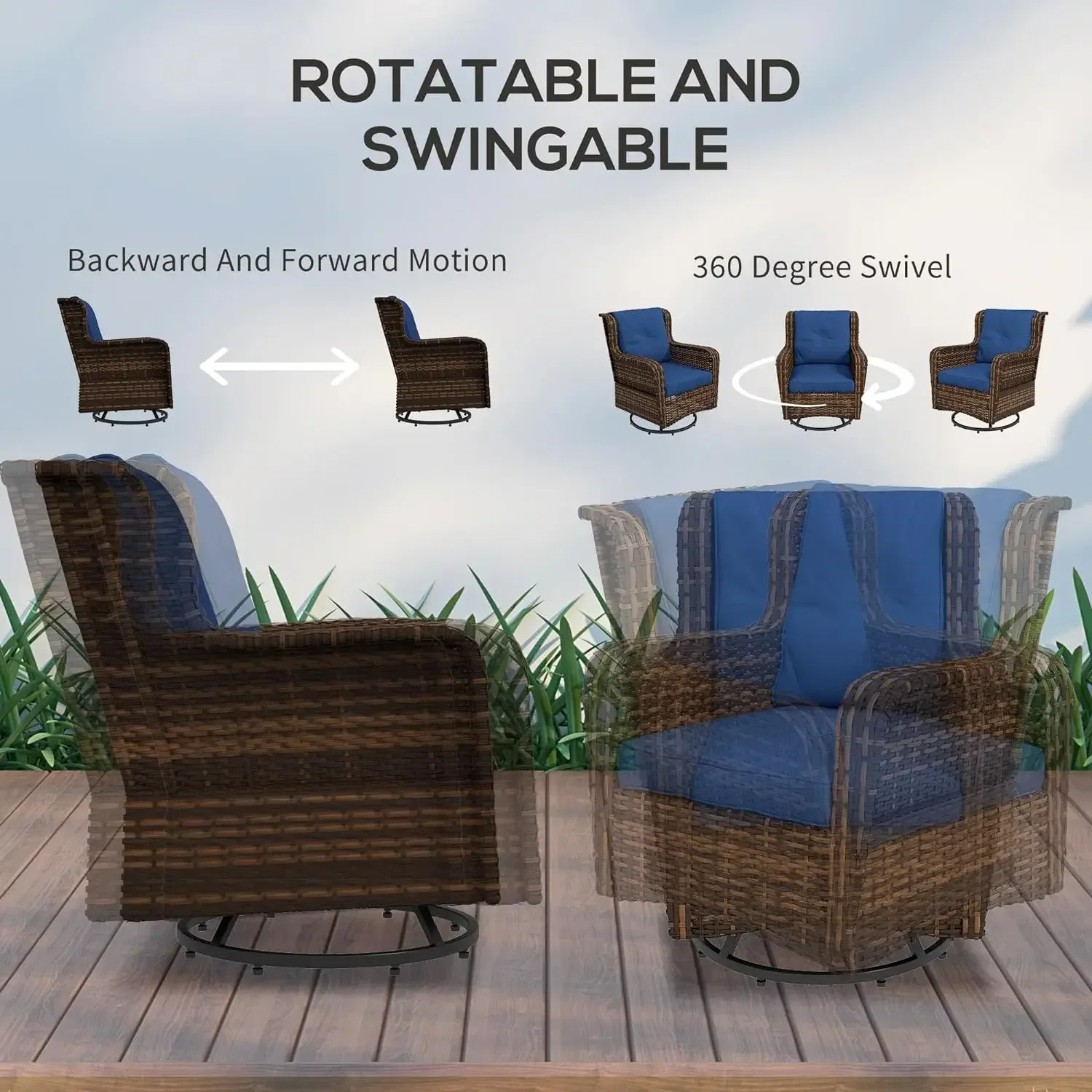 4 Piece PE Rattan Outdoor Patio Furniture Set, Wicker Conversation Set with 2 Swivel Rocking Chairs, 2-Tier Glass Table