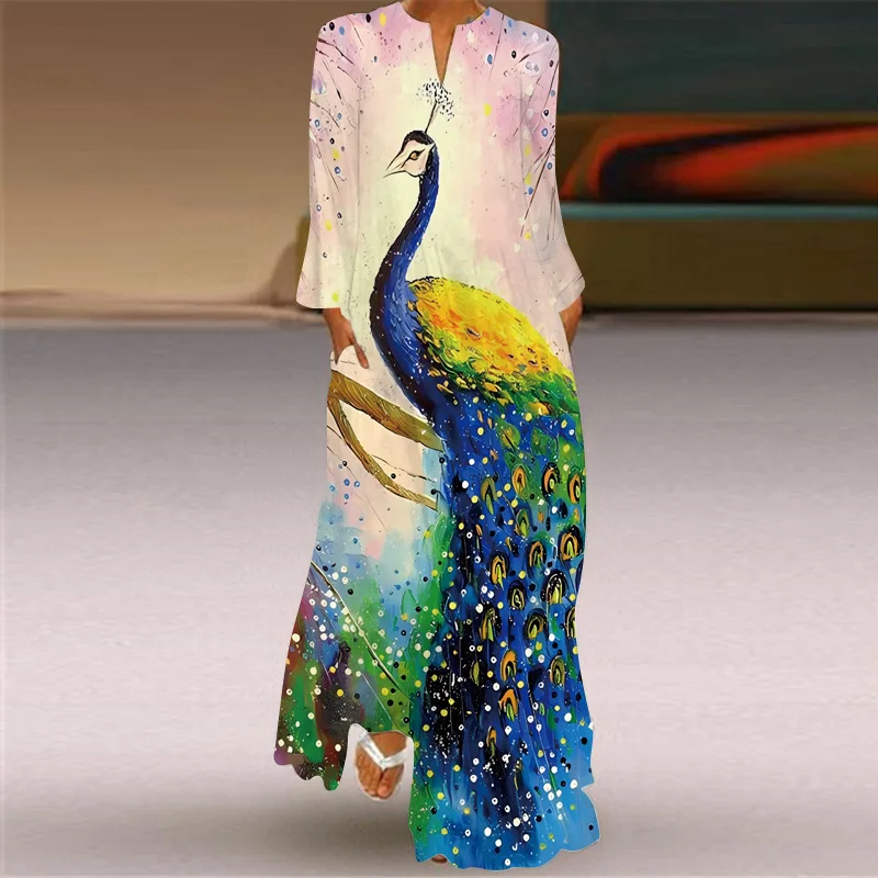 Vintage Maxi Dress For Women Fashion V-neck Long Sleeve Party Dress With Pocket Ankle-Length Beach Sundress Plus Size Vestidos