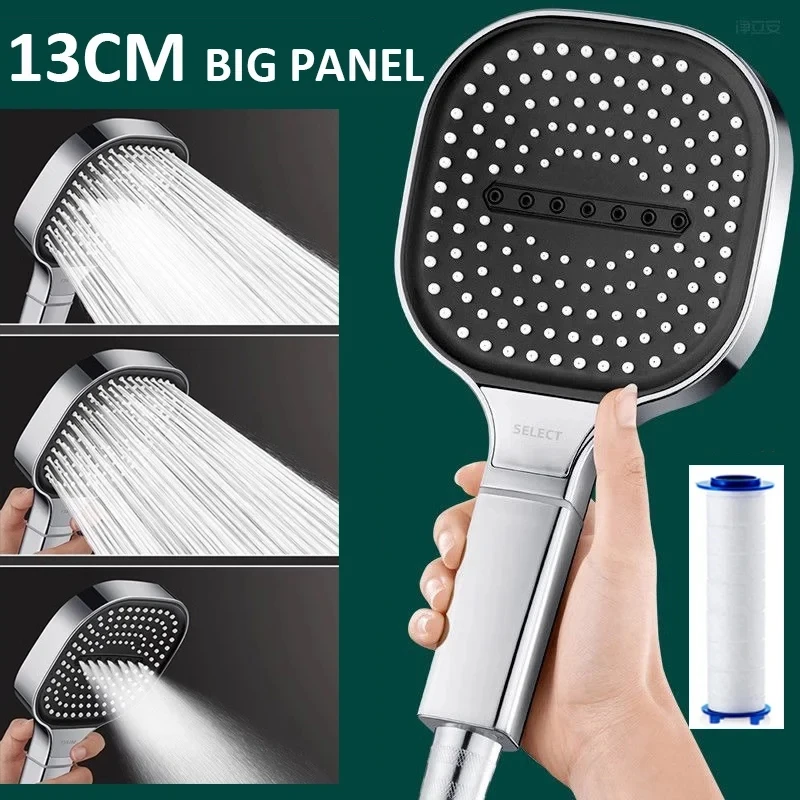 Cabezal de ducha de alta presión de Panel grande de 13CM, 3 modos, filtro de pulverización de flujo grande, manguera de grifo de ducha de lluvia,
