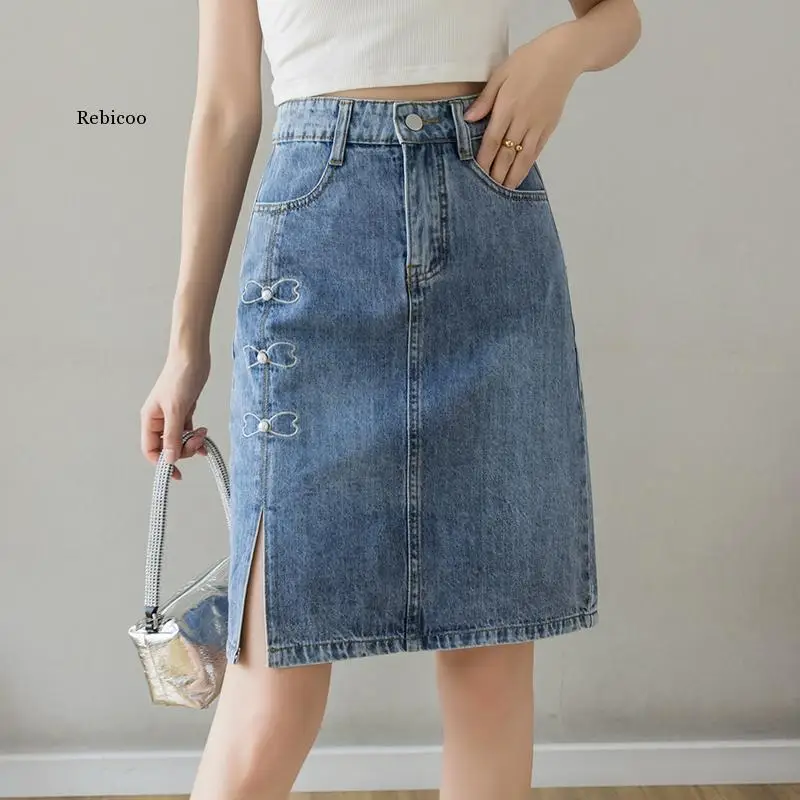 

Denim Split Knee Length Skirt Women High Waist Embroidery Blue Vintage Sweet Thin Bodycon Pencil Jeans Skirt
