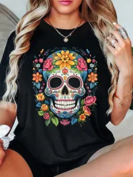 Women's Day of The Dead Skull Print T-Shirt - Casual Crew Neck Short Sleeve Top Machine Washable - Perfect for Spring and Summer