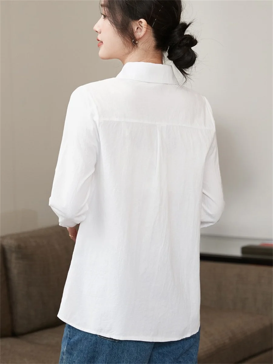 Women Spring Autumn Style Cotton and linen Blouses Shirts Lady Casual Long Sleeve Turn-down Collar White Blouses Tops DF4894