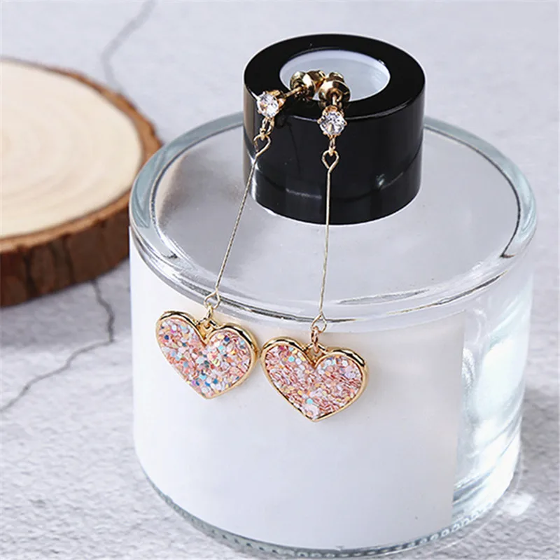 Korea Small Fresh Pink Sequin Love Earrings For Women Sweet Crystal Heart Long Earrings Female Jewelry Oorbellen Pendientes Boho