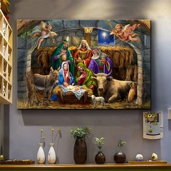 Christian Nativity Manger Scene Poster Canvas Prints Jesus Birth Wall Art Painting Pictures Christmas Decorative Gift Home Decor