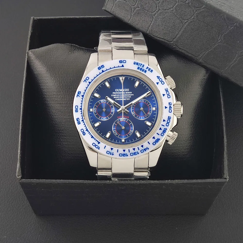 ธุรกิจ 39 มม.นาฬิกาควอตซ์ผู้ชายChronograph SapphireคริสตัลVK63 การเคลื่อนไหวสีขาวเซรามิคBezelสแตนเลสผู้ชายVK63 นาฬิกา