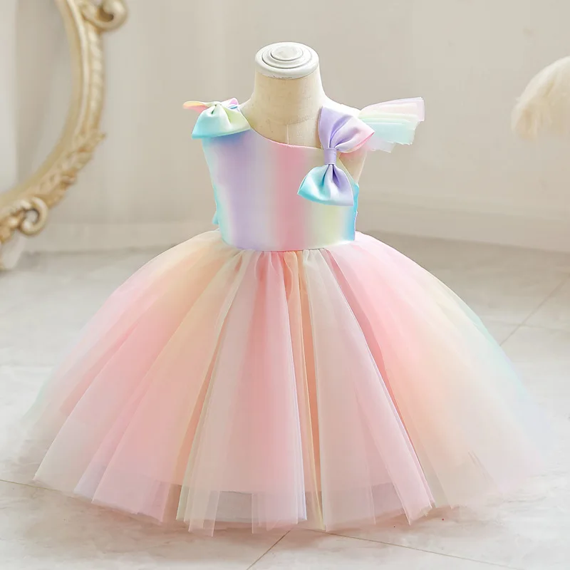 Meninas Multi-color Gradient Rainbow Dress para Aniversário Carnaval Performance Pageant Evening Party Princess Tutu para 3-14Y