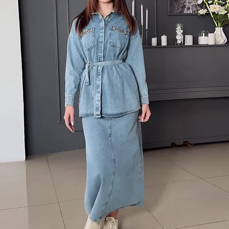 

Faionable Waed Denim Top Skirt Set Women's Casual Wear Age 8-25 Spring 2024 Trendy Outfit Student Work orm